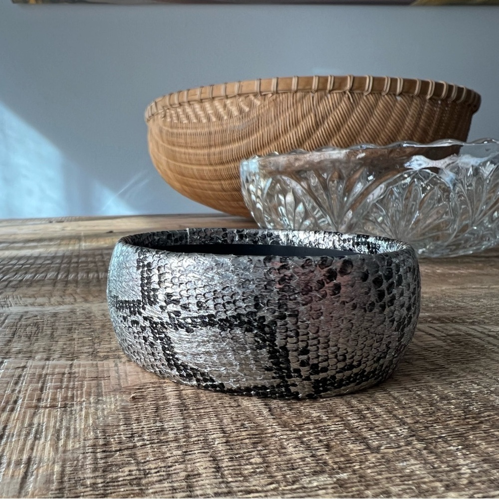 Faux Snakeskin Textured Statement Bangle | Metallic Silver & Black Wide Bracelet